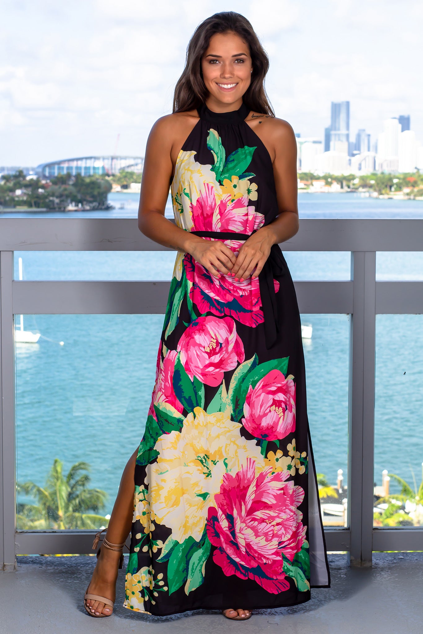 black dress with bright flowers