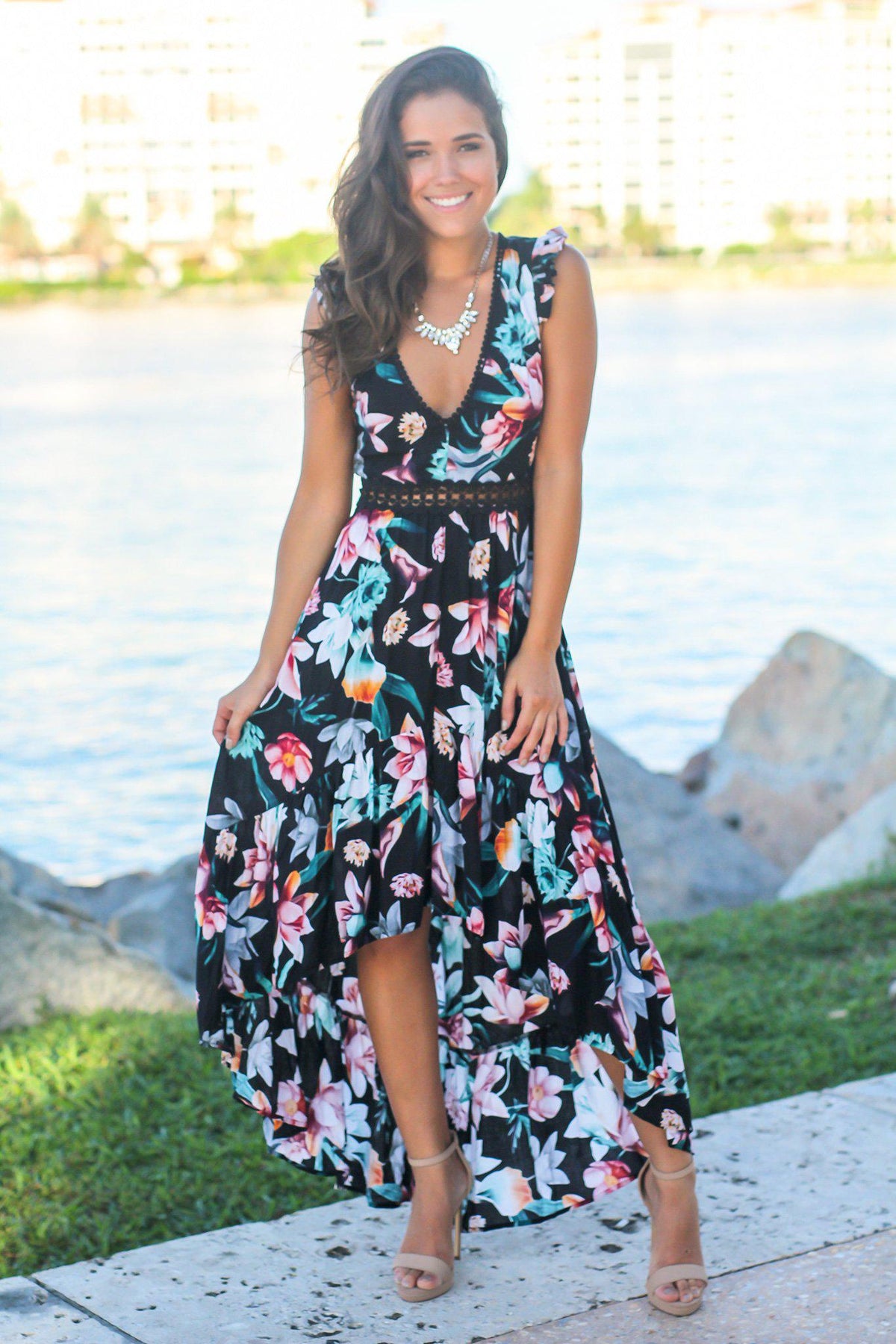 Black Floral High Low Dress with Crochet Open Back Detail | Cute ...