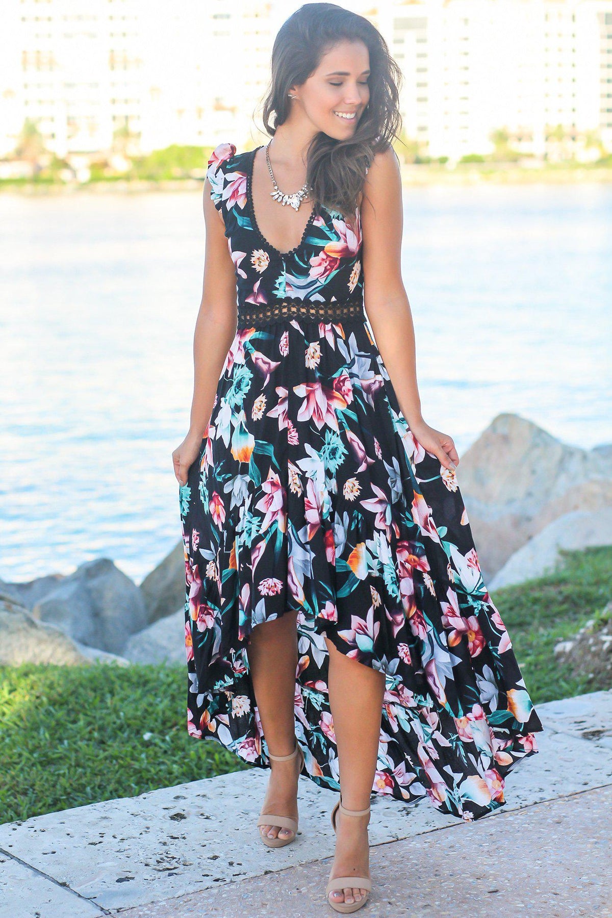 Black Floral High Low Dress with Crochet Open Back Detail | Cute ...