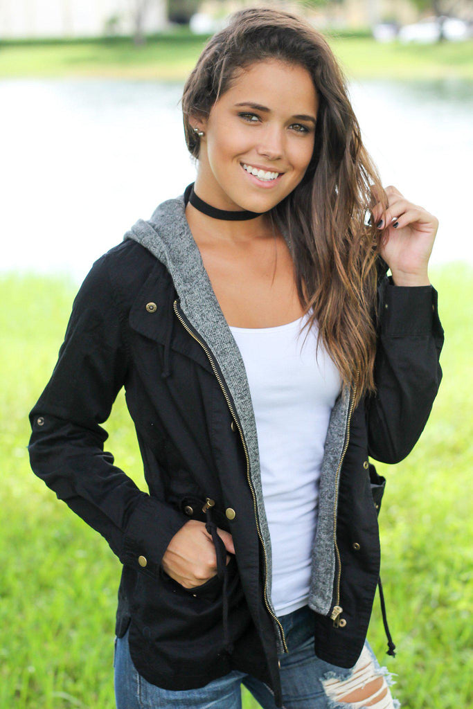 Black Jacket with Gray Hood | Jackets – Saved by the Dress