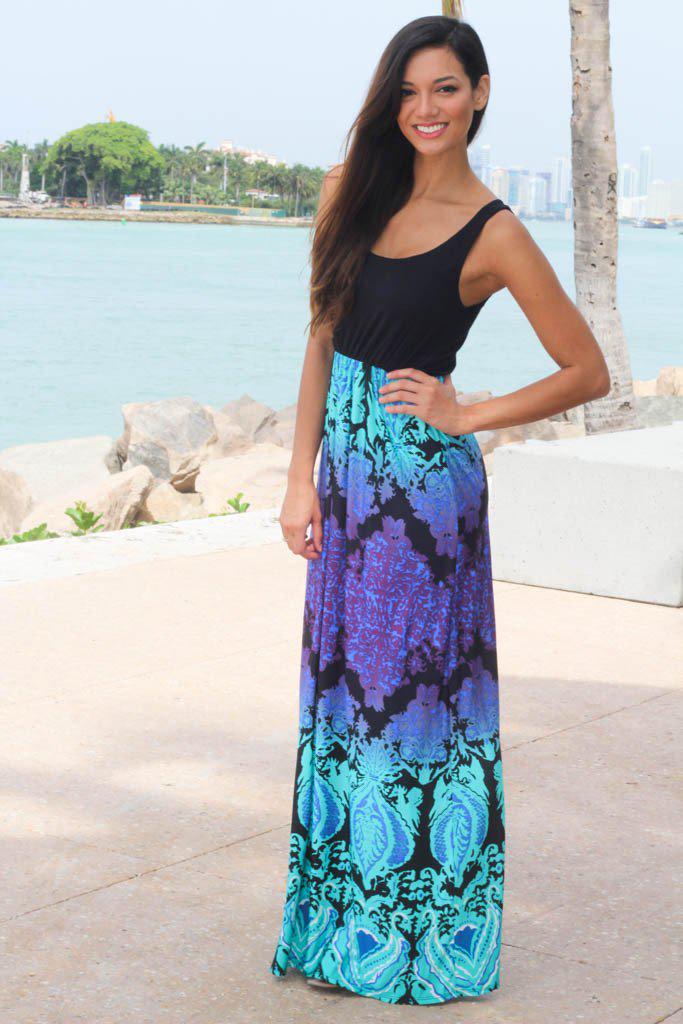 black top floral bottom maxi dress