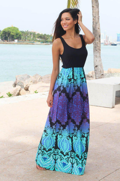 Black Maxi Dress With Multi Color Printed Bottom | Maxi Dresses – Saved ...