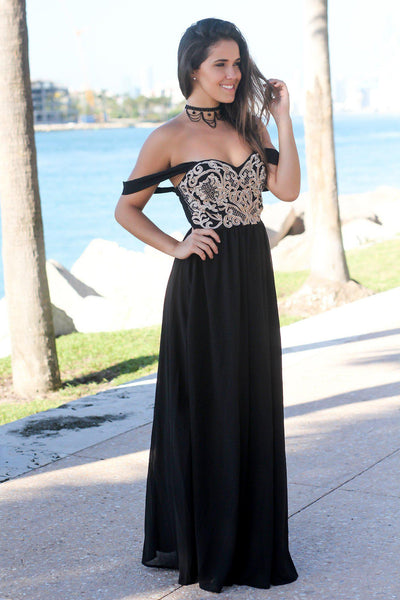 Black Off Shoulder Maxi Dress With Embroidered Top Maxi Dresses Saved By The Dress 8108