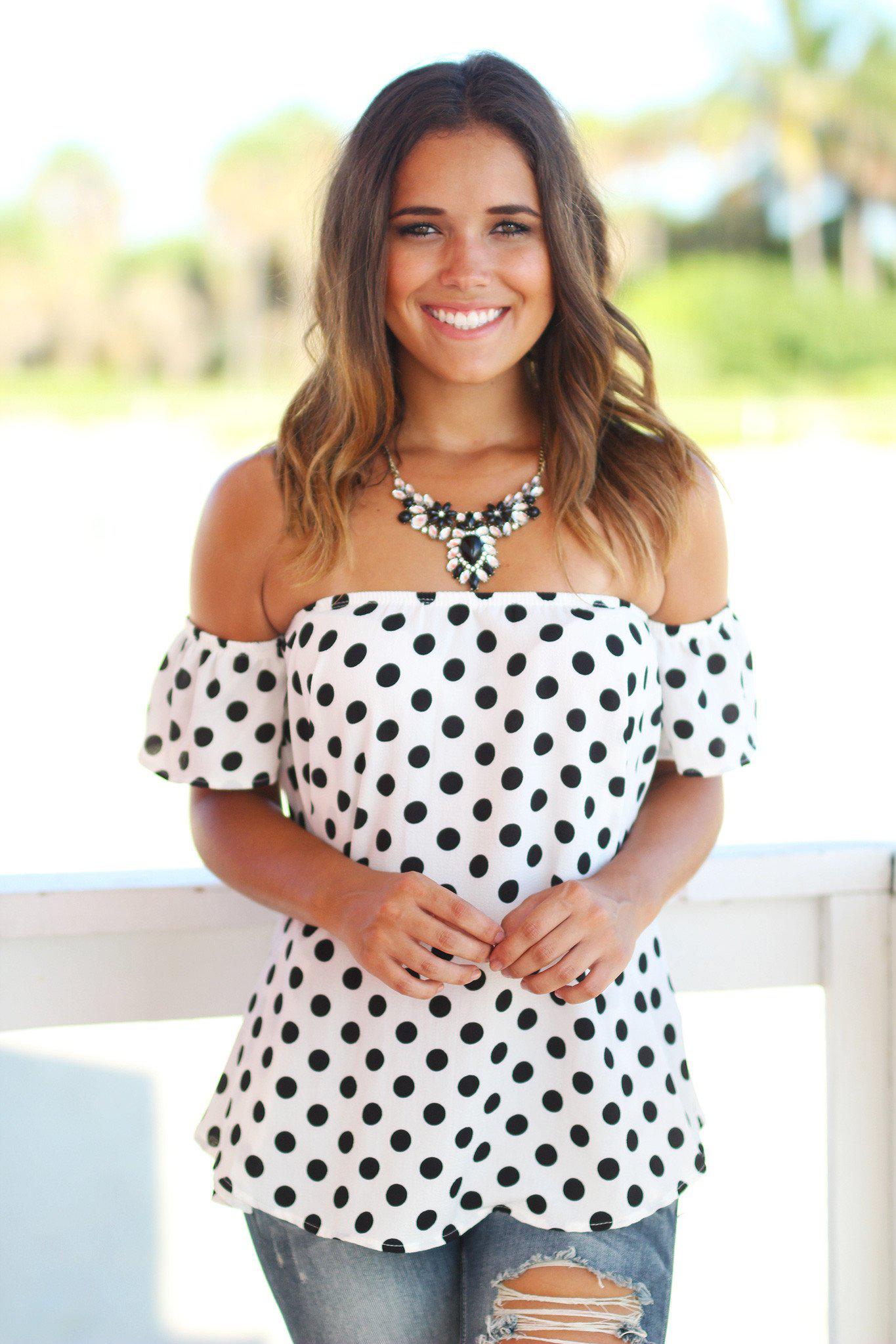 Ivory and Black Polka Dot Off Shoulder Top – Saved by the Dress