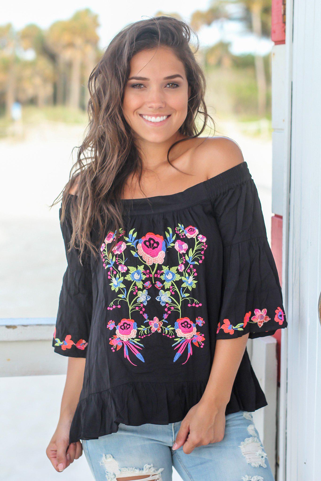 black floral off the shoulder top