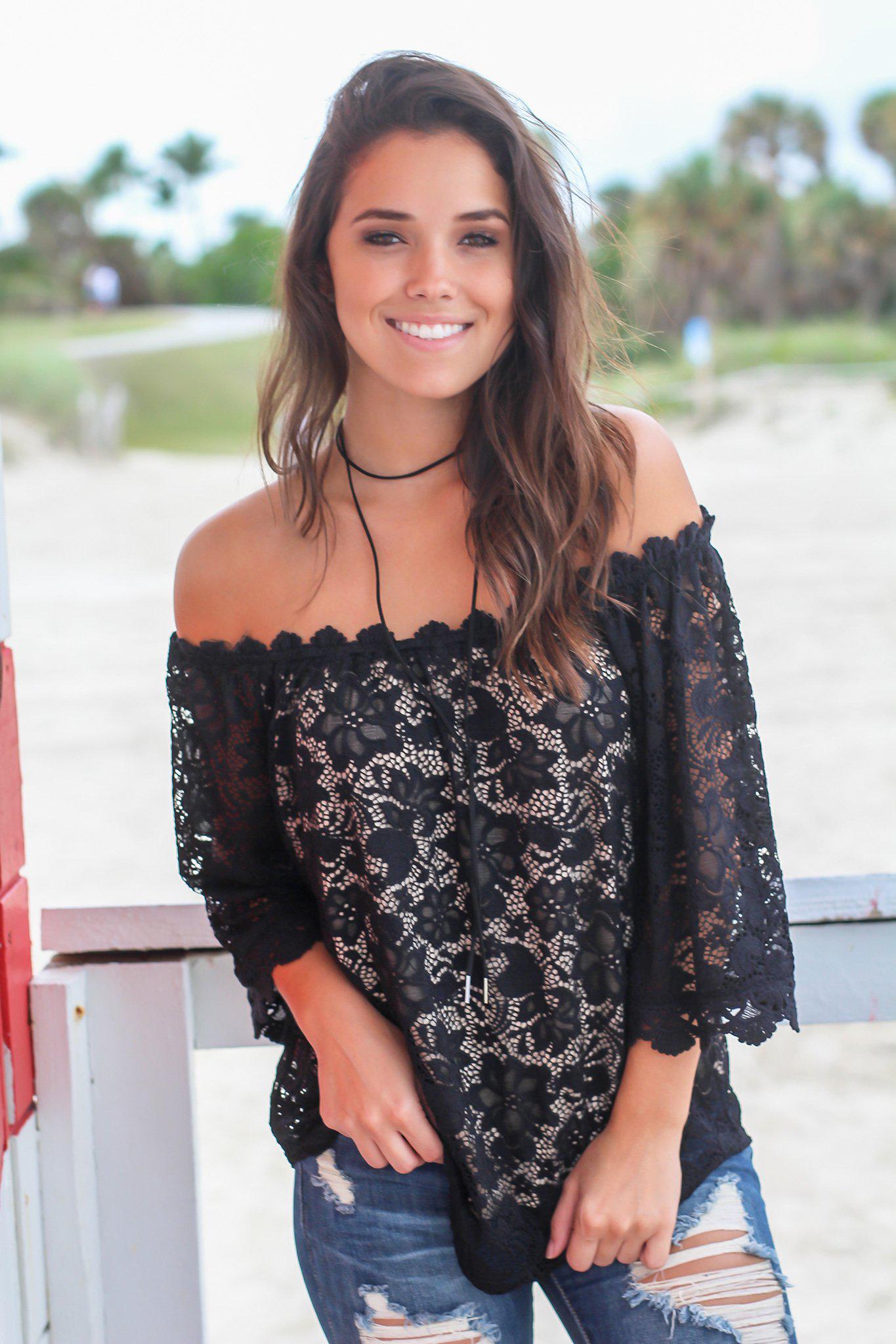 outfits with black off the shoulder tops