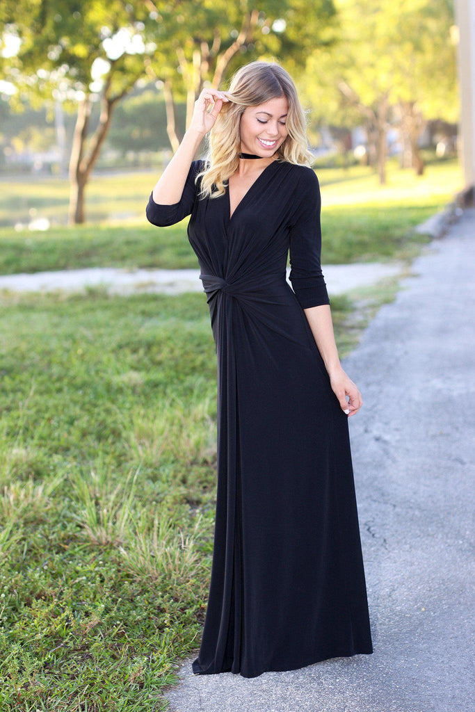 Black Maxi Dress with Knot | 3/4 Sleeves Dress | Black Long Dress ...