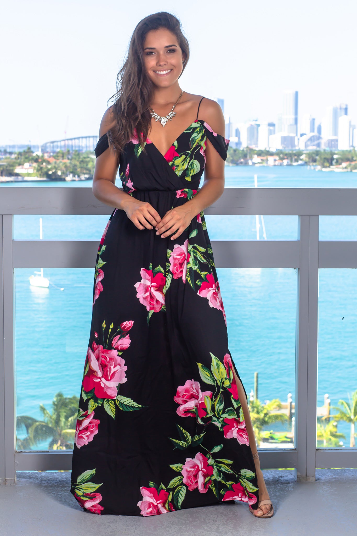 black and pink floral maxi dress