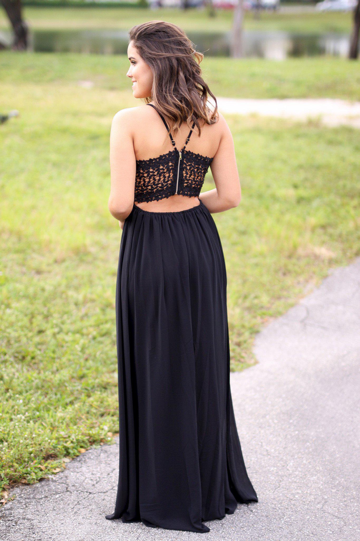 Black and Gold Maxi Dress with Crochet Back | Black Evening Gown ...