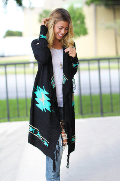 Black and Teal Aztec Cardigan with fringe | Printed Open Front Cardigan ...