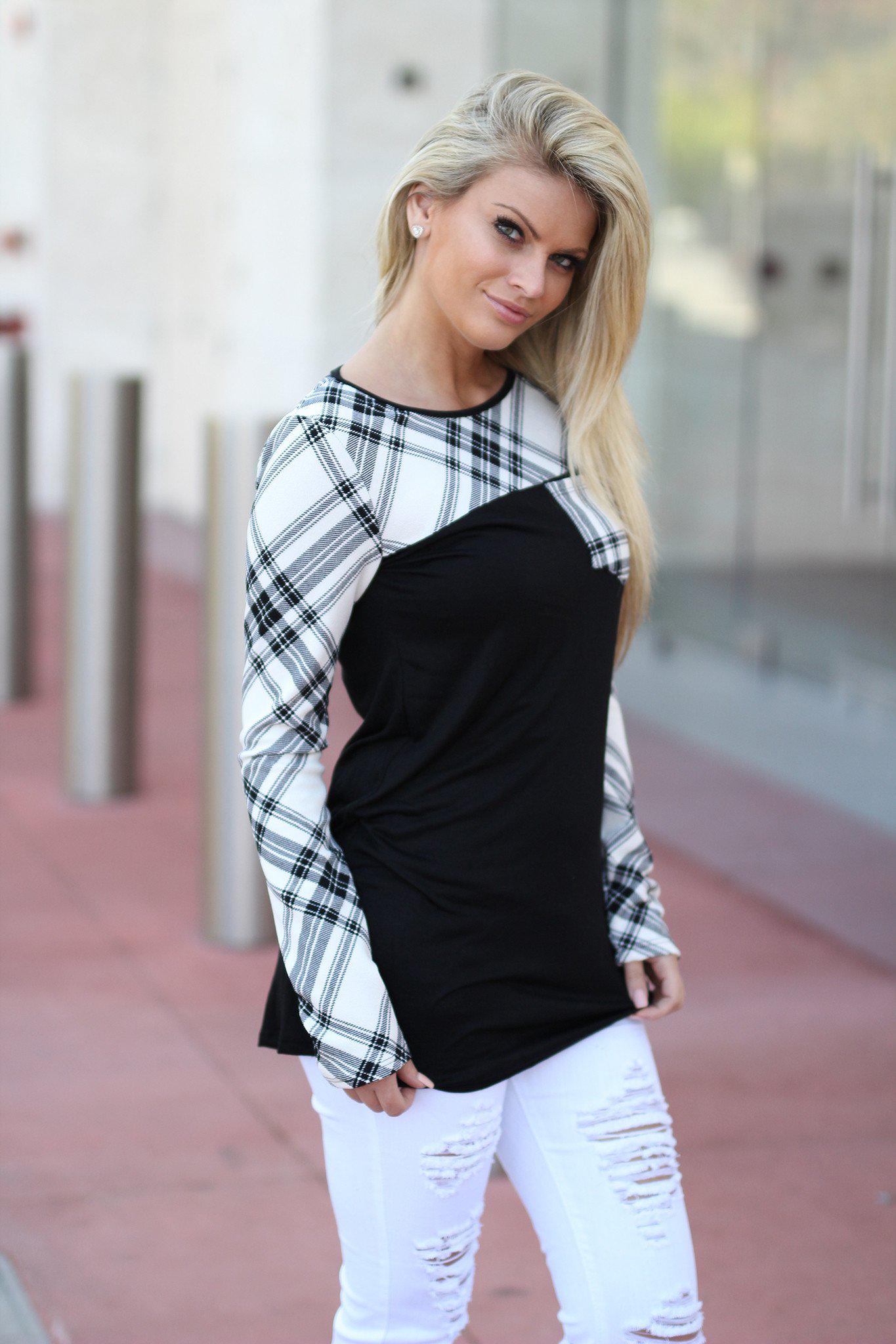 Black Plaid Top with Pocket | Black Top | Cute Top – Saved by the Dress