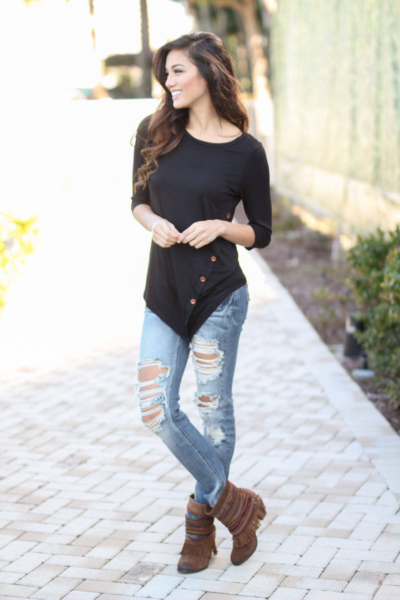 Black Top with Buttons | Asymmetrical Top | Cute Top – Saved by the Dress