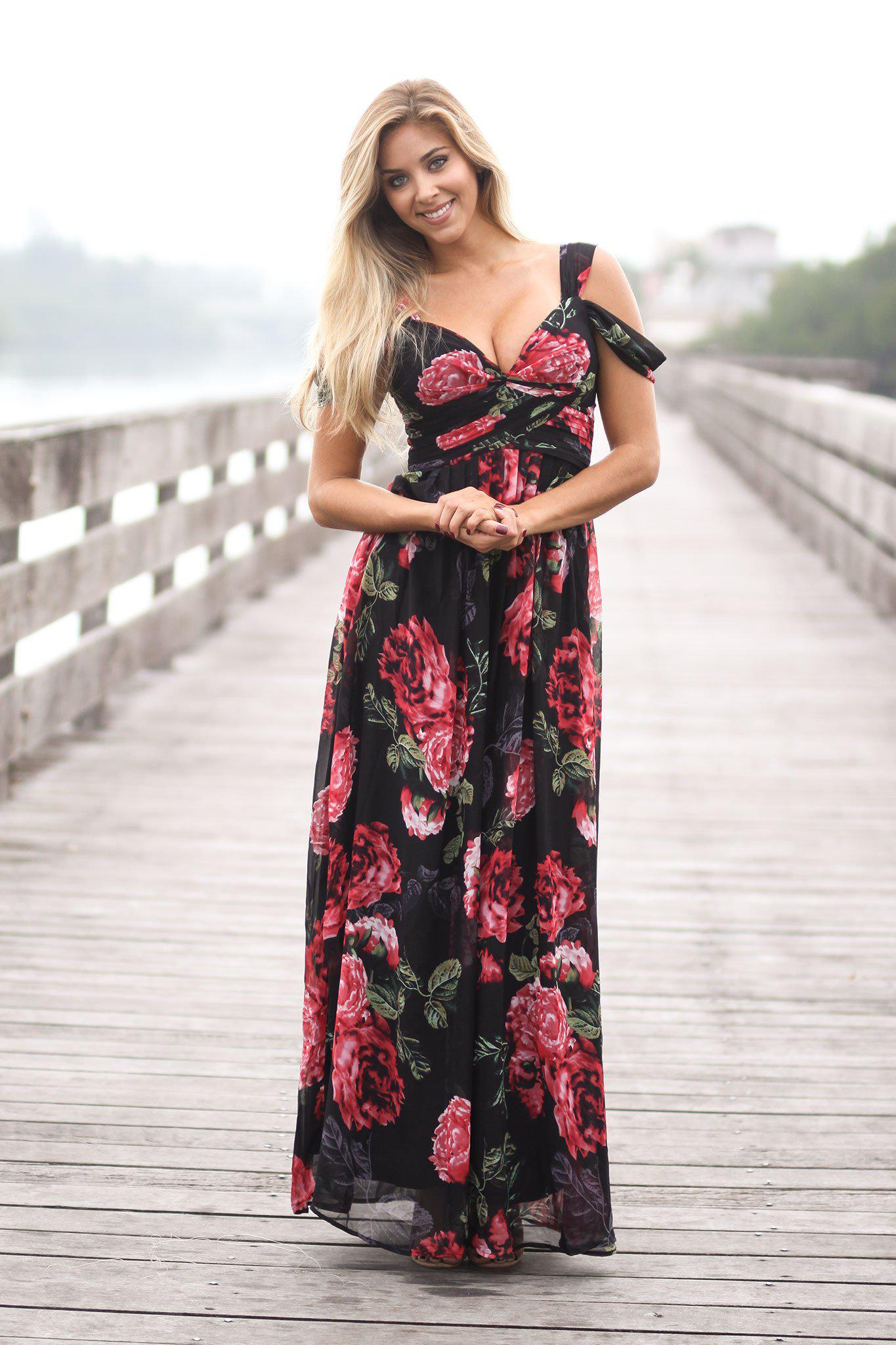 Black Floral Off Shoulder Maxi Dress | Maxi Dress | Bridesmaid Dress