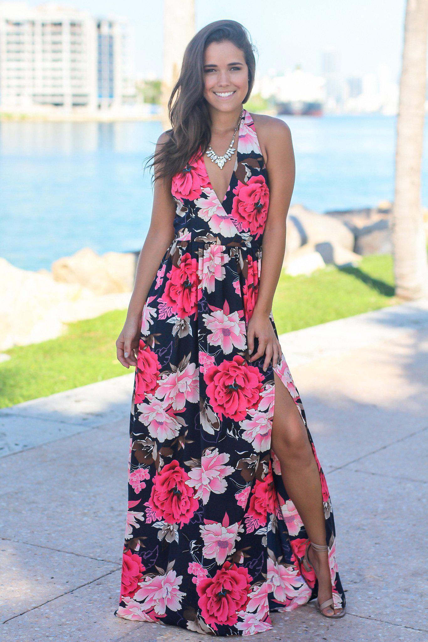 Navy Floral Maxi Dress with Side Slit | Maxi Dresses – Saved by the Dress