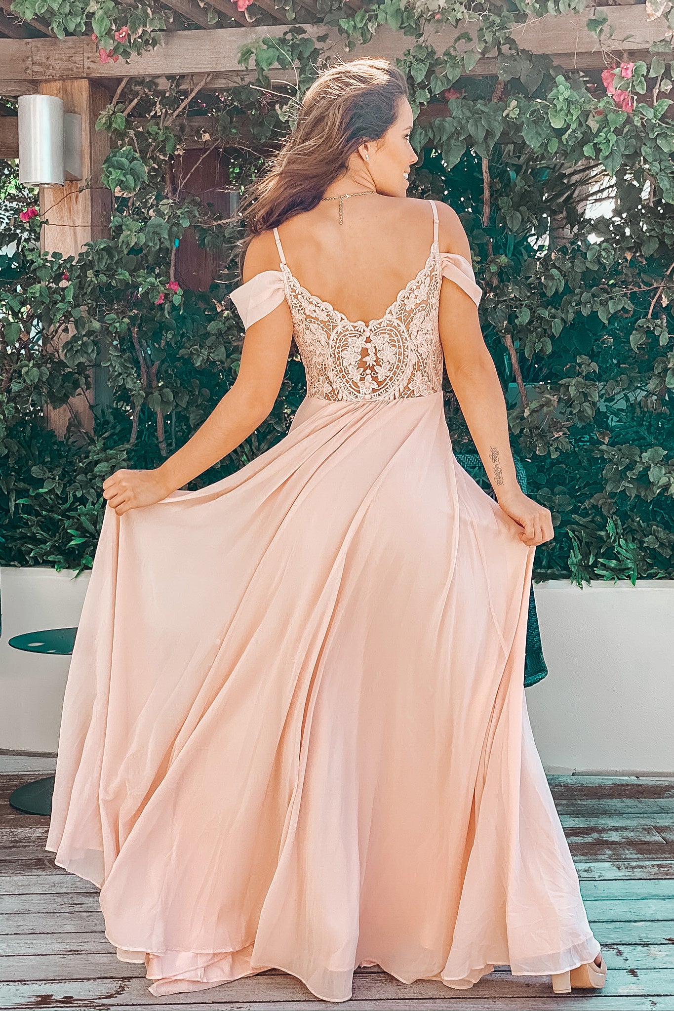 blush off the shoulder maxi dress