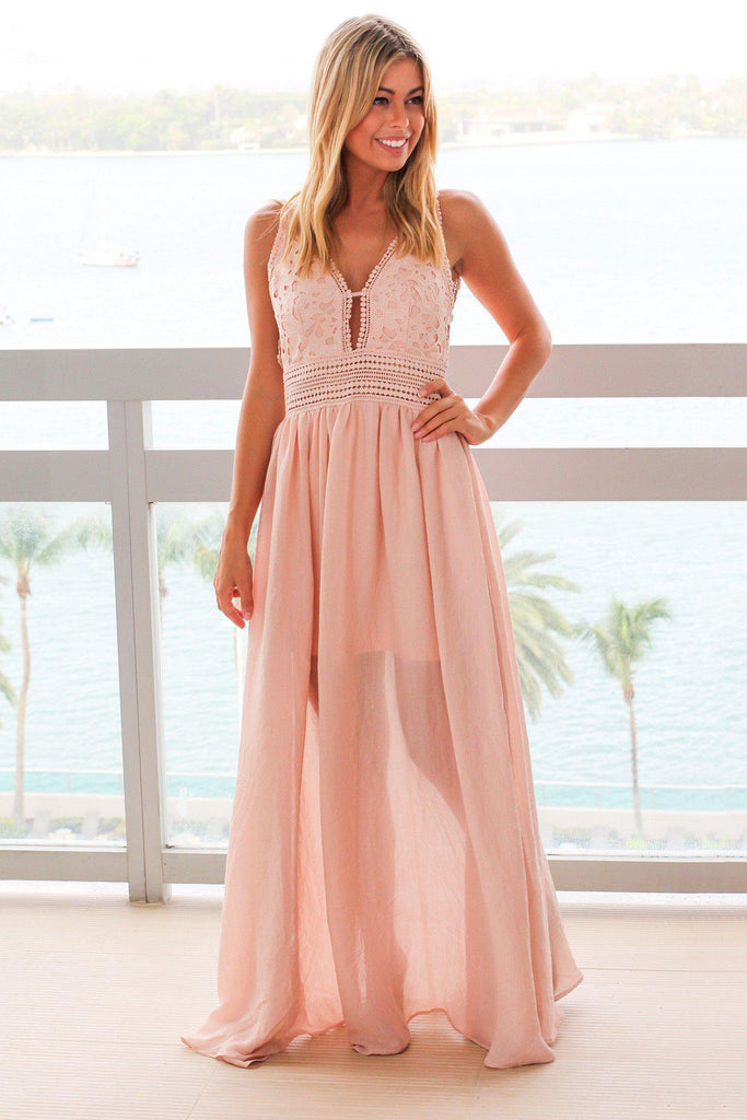 Dusty Blush Maxi Dress with Crochet Top | Maxi Dresses – Saved by the Dress