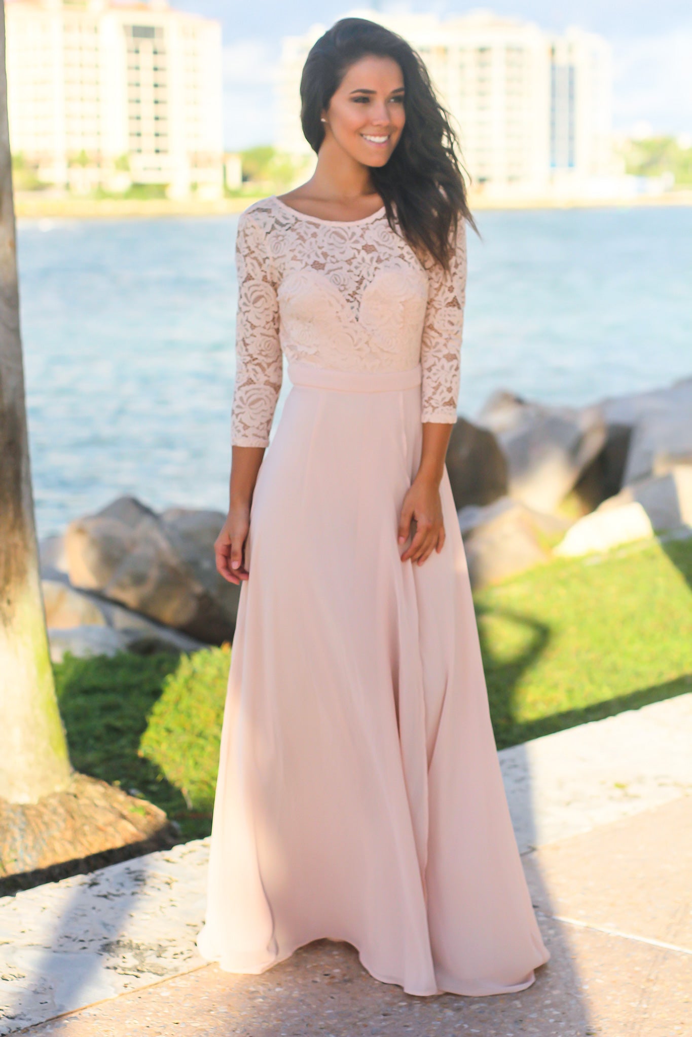 pink lace maxi dress with sleeves