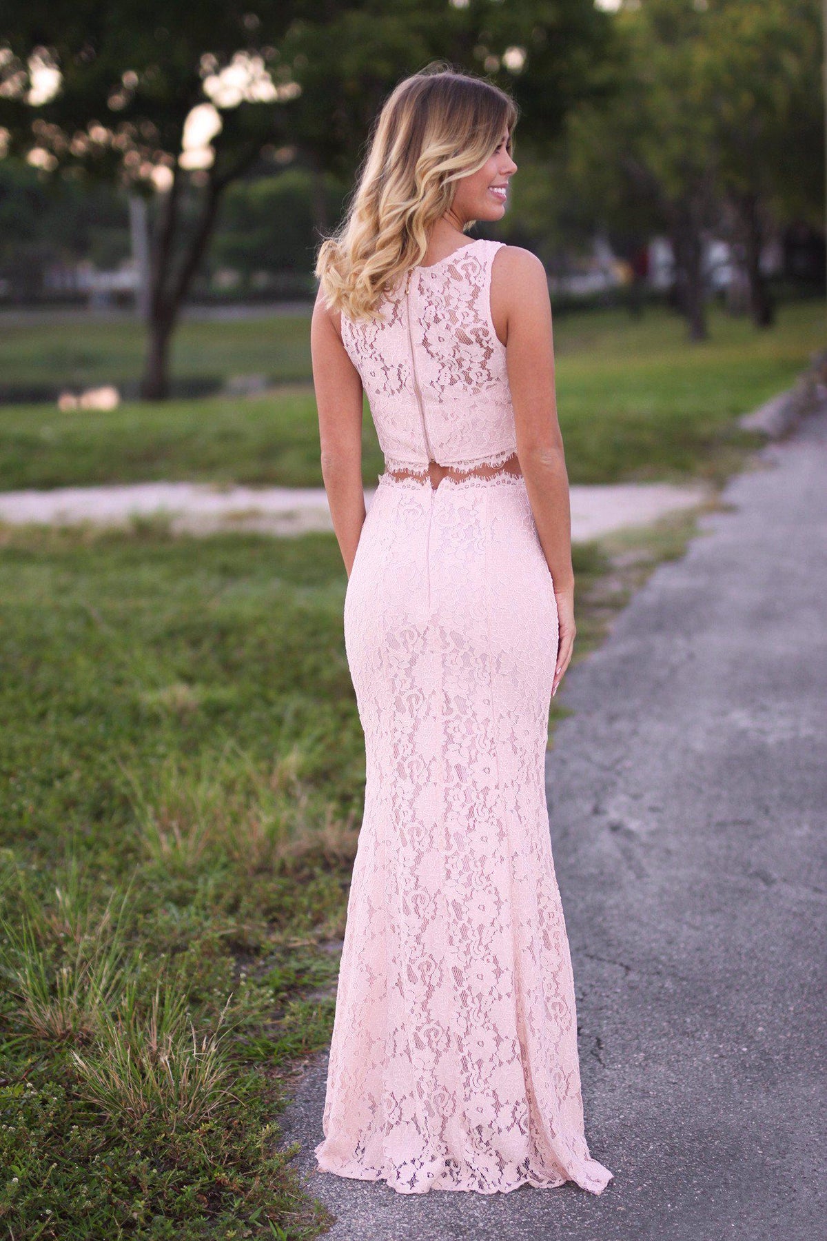 Blush Lace Crop Top and Skirt Set | Long Dress – Saved by the Dress