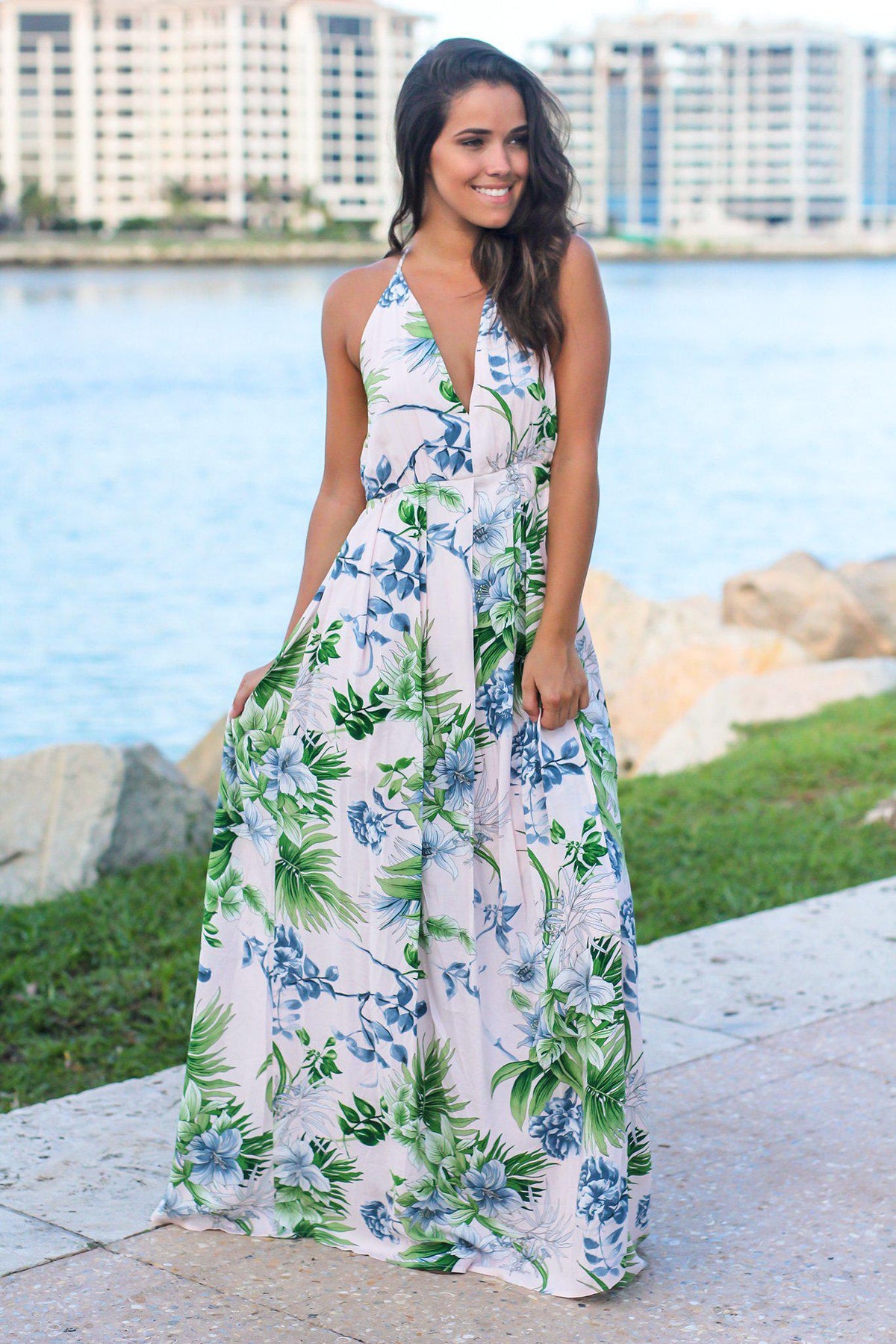 Blush Tropical Halter Neck Maxi Dress | Maxi Dresses – Saved by the Dress