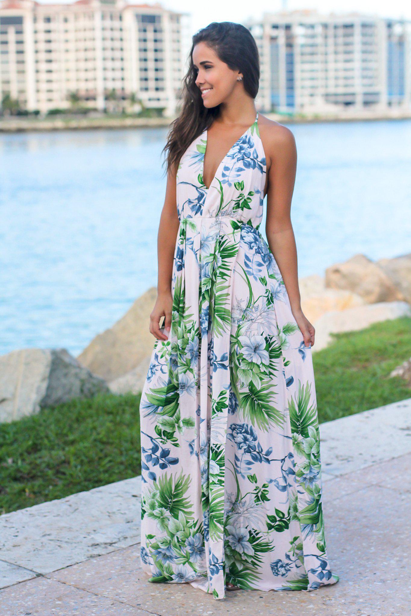 Blush Tropical Halter Neck Maxi Dress | Maxi Dresses – Saved by the Dress