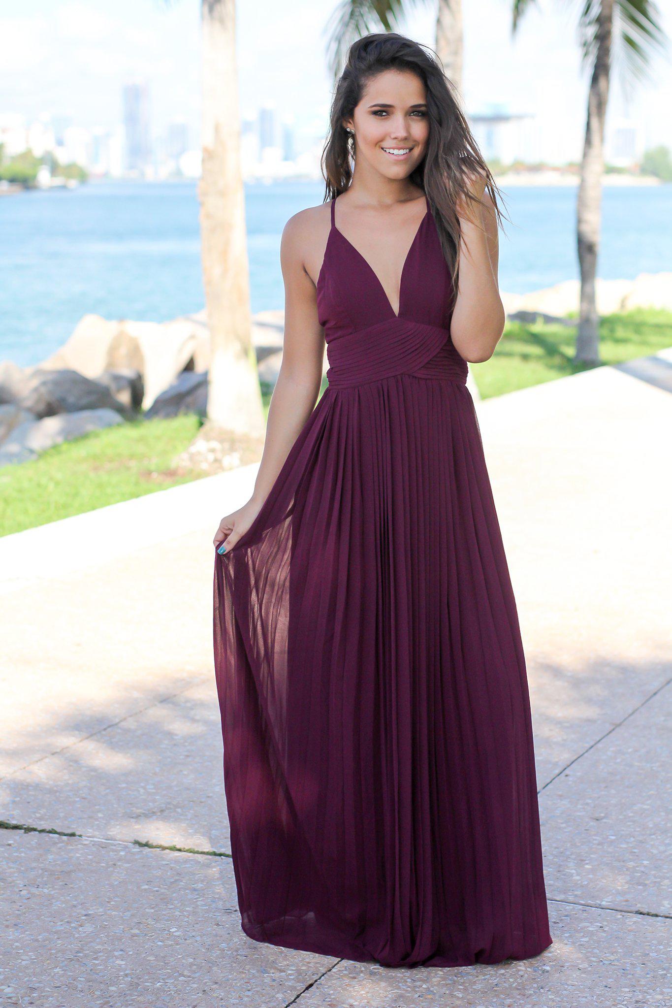 Wine Pleated Maxi Dress with Criss Cross Back | Maxi Dresses – Saved by ...