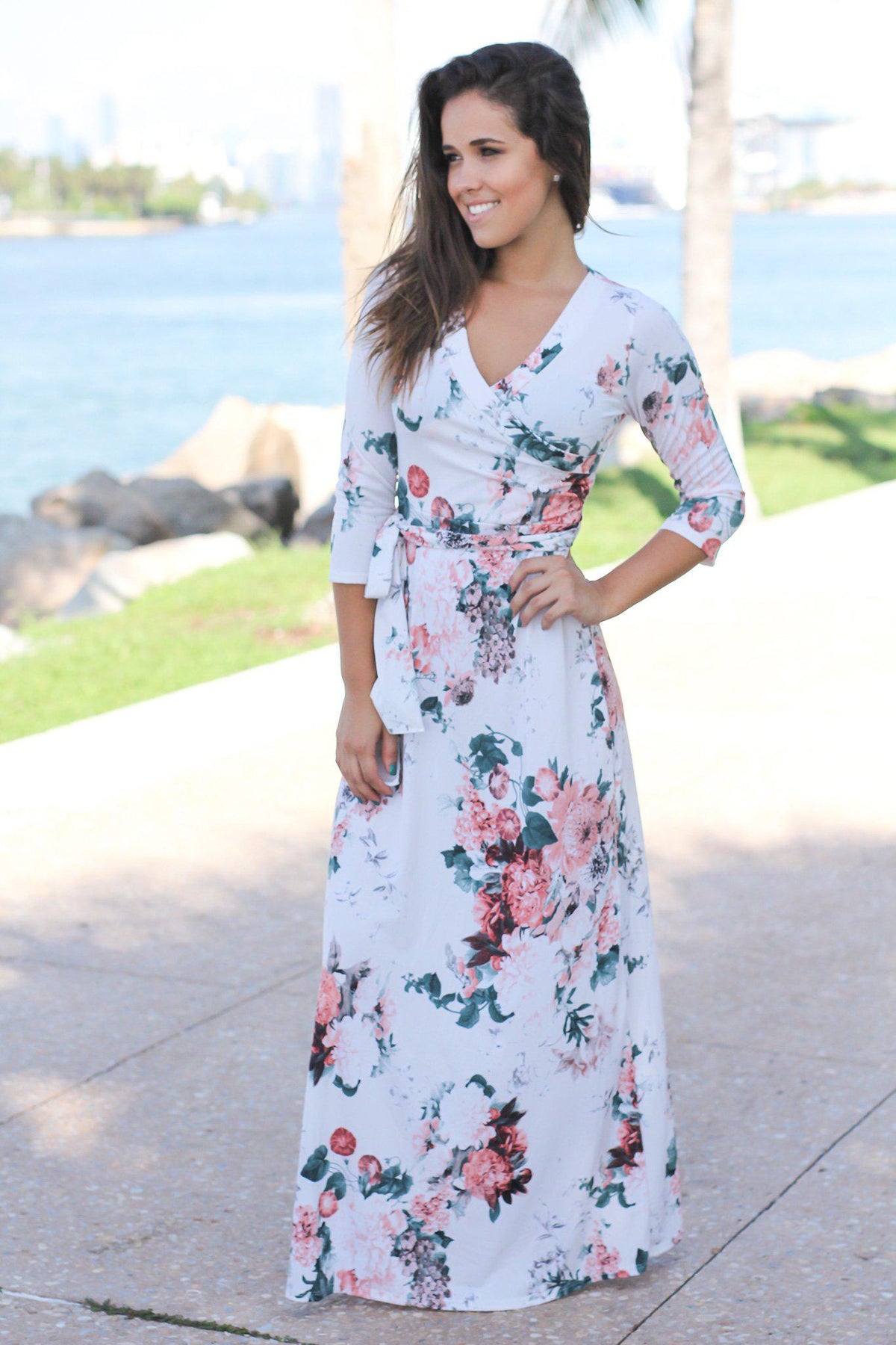 Ivory and Peach Floral Wrap Maxi Dress with 3/4 Sleeves | Maxi Dresses ...