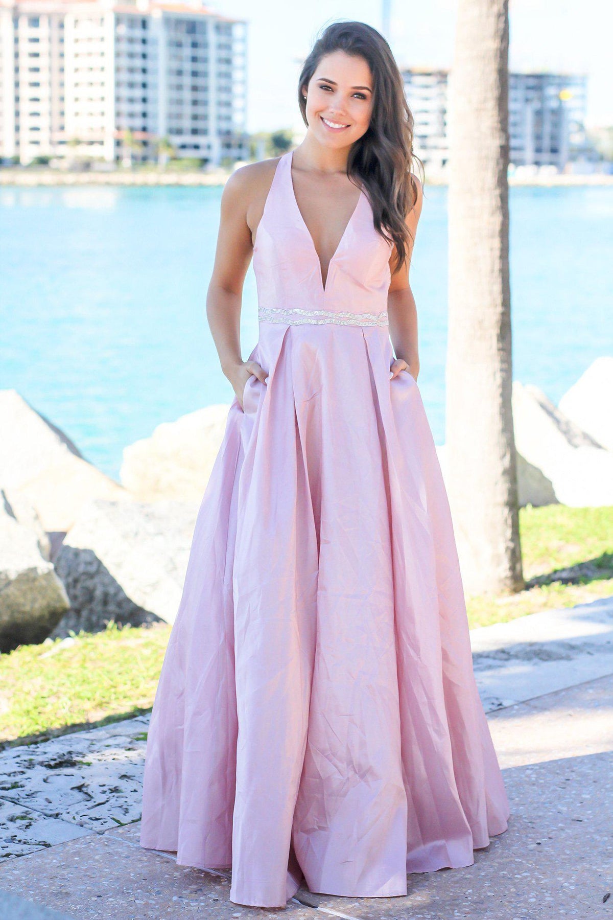 Blush V-Neck Maxi Dress with Open Back | Maxi Dresses – Saved by the Dress