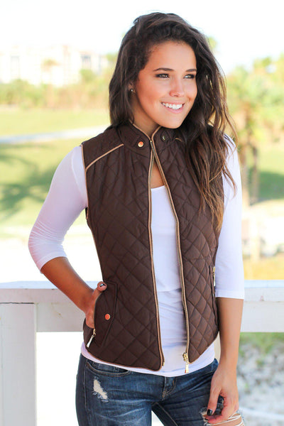 Brown Quilted Vest With Pockets | Online Boutiques – Saved by the Dress