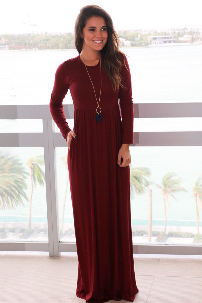 Burgundy Long Sleeve Maxi Dress with Pockets | Maxi Dresses – Saved by ...