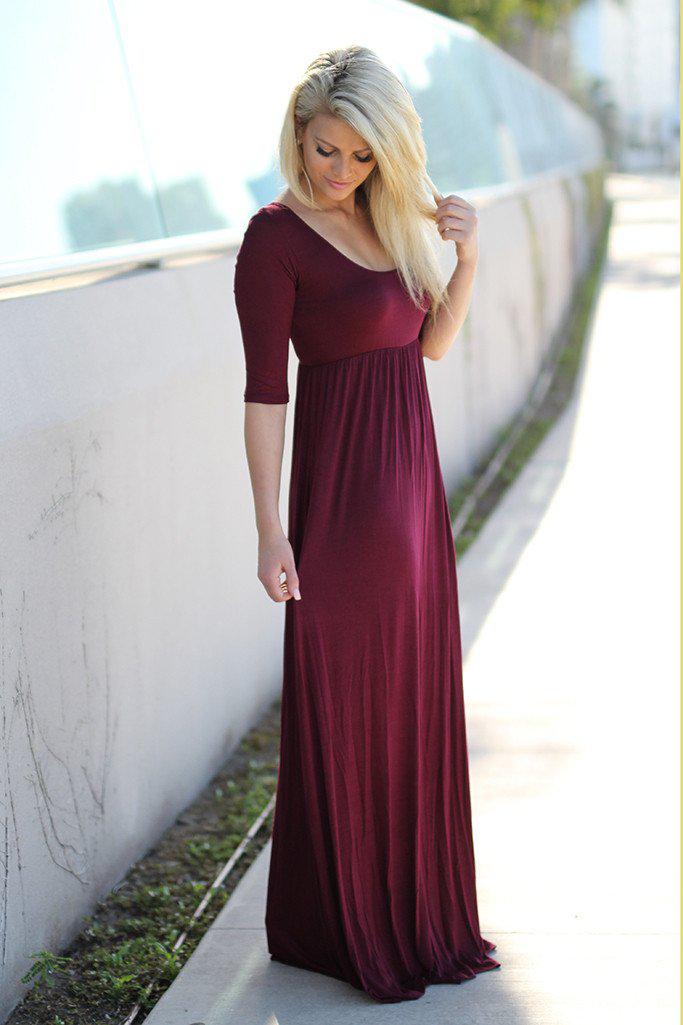 Burgundy Maxi Dress With 3/4 Sleeves | Cute Long Dress – Saved by the Dress