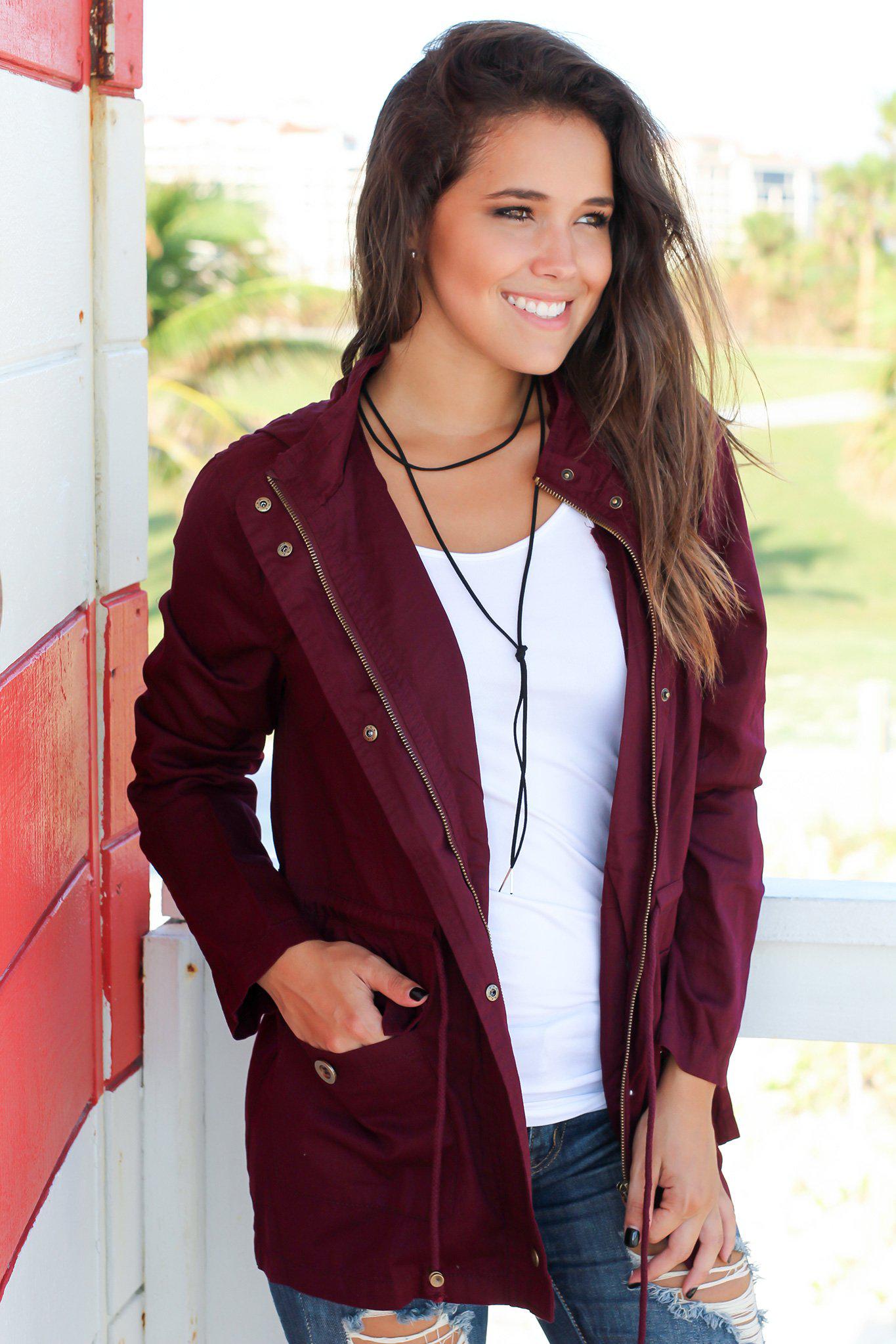 burgundy jacket with hood