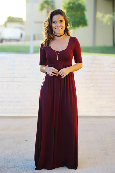 Burgundy Maxi Dress with Mid-Sleeves | Burgundy Maxi Dress | Dress ...