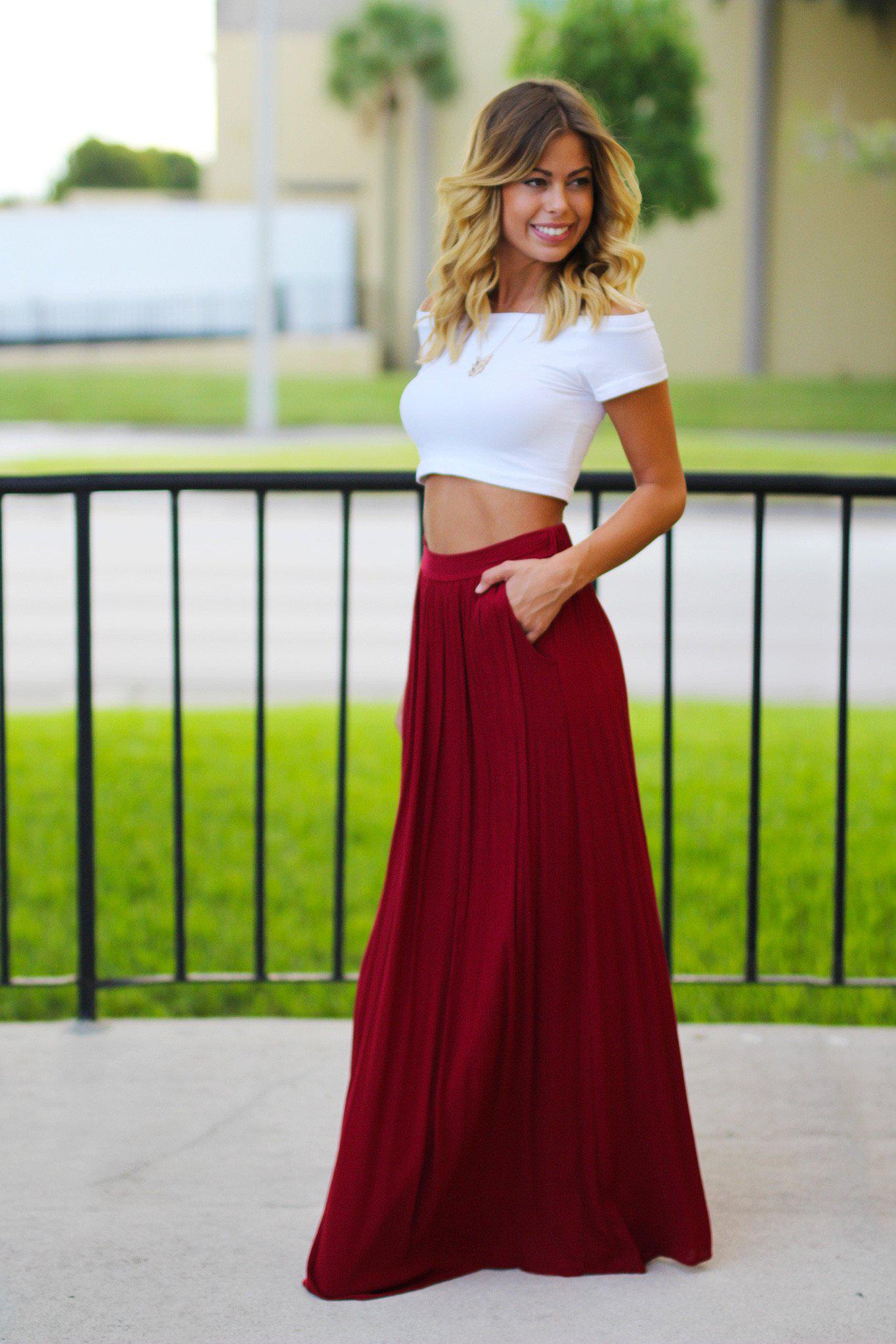 Burgundy Maxi Skirt with Pockets | Burgundy Long Skirt – Saved by the Dress