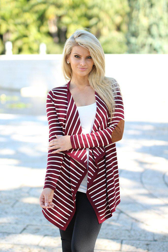 Burgundy Striped Cardigan with Elbow Patches – Saved by the Dress