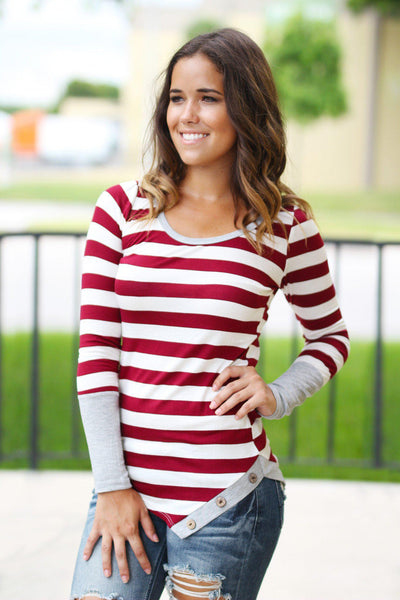 Burgundy and Gray Top With Buttons | Burgundy Top | Striped Top – Saved ...