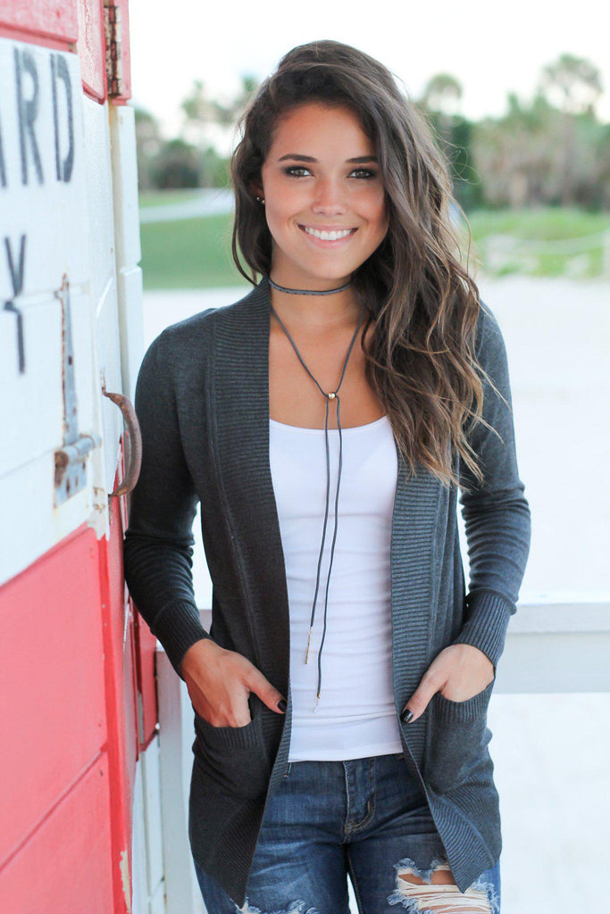 Charcoal Open Cardigan | Online Boutiques – Saved by the Dress