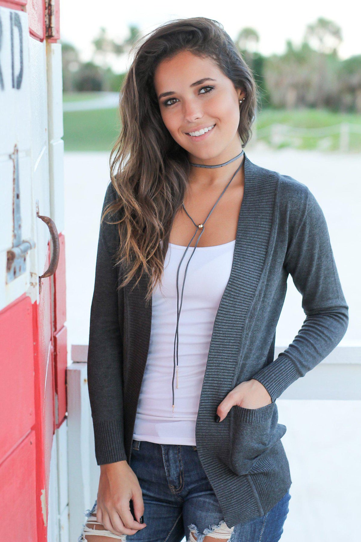 Charcoal Open Cardigan | Online Boutiques – Saved by the Dress