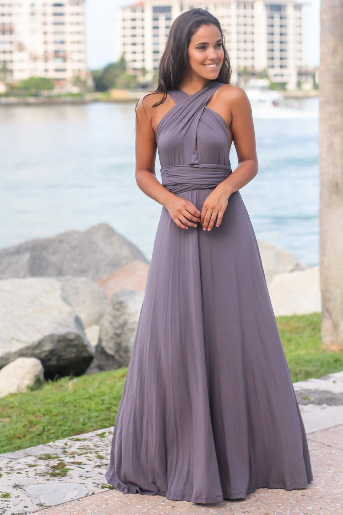 Charcoal Tie Maxi Dress with Open Back | Maxi Dresses – Saved by the Dress
