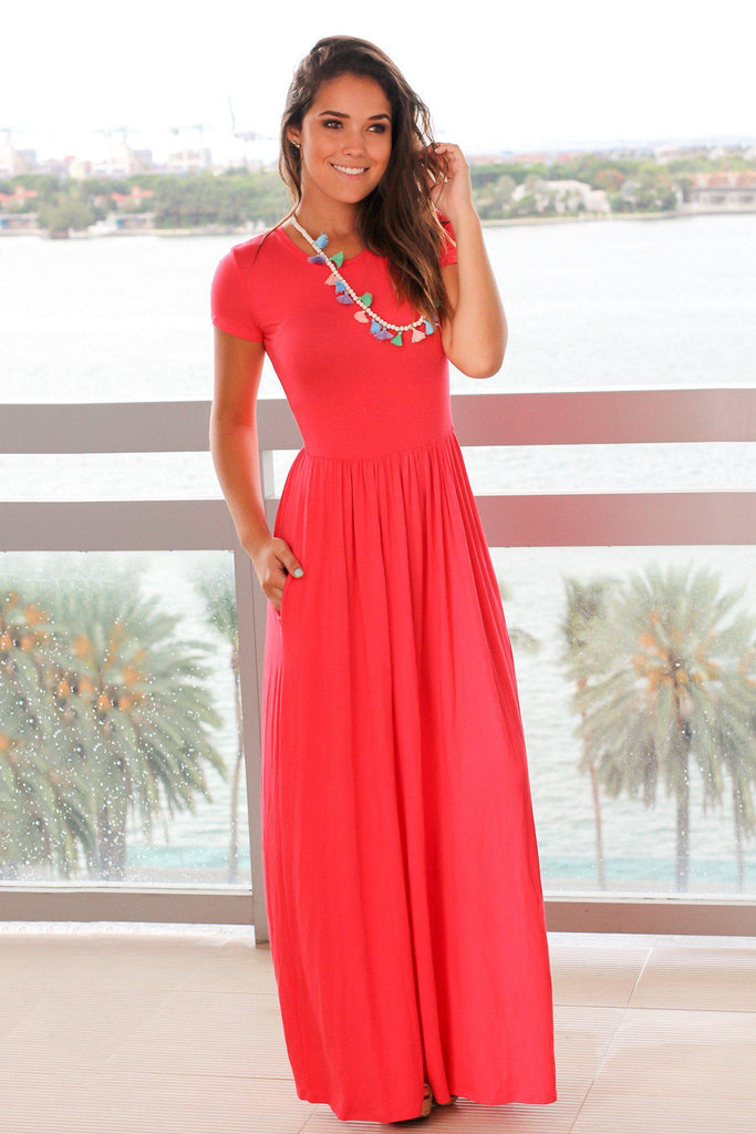 Coral Short Sleeve Maxi Dress with Pockets | Maxi Dresses – Saved by ...
