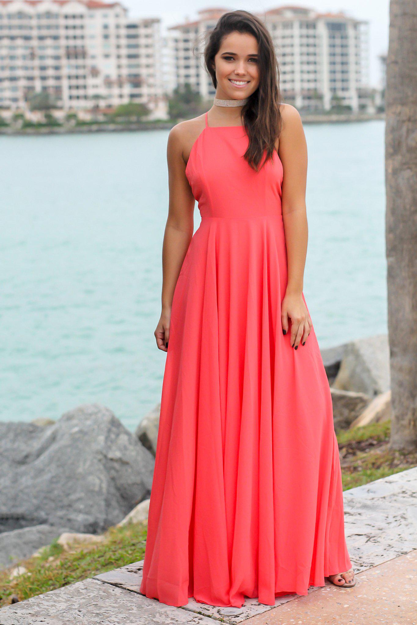 Coral Dress With Criss Cross Back Maxi Dresses Saved By The Dress 