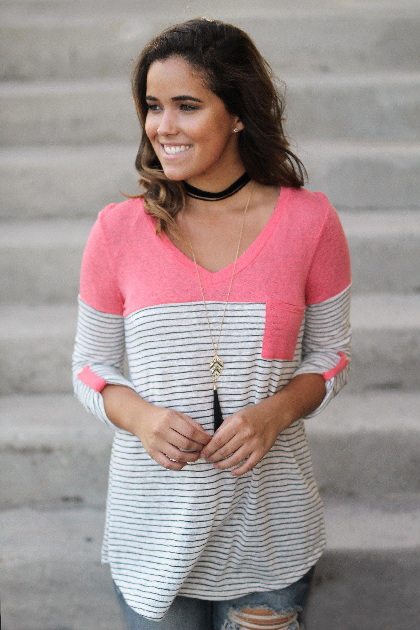 Coral Striped Top with Pocket | Cute Tops – Saved by the Dress