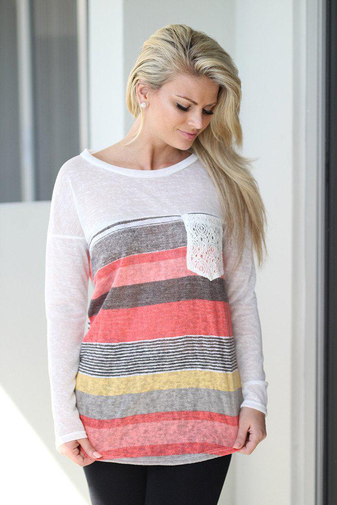 Coral Top With Crochet Pocket | Multi Color Striped Top – Saved by the ...