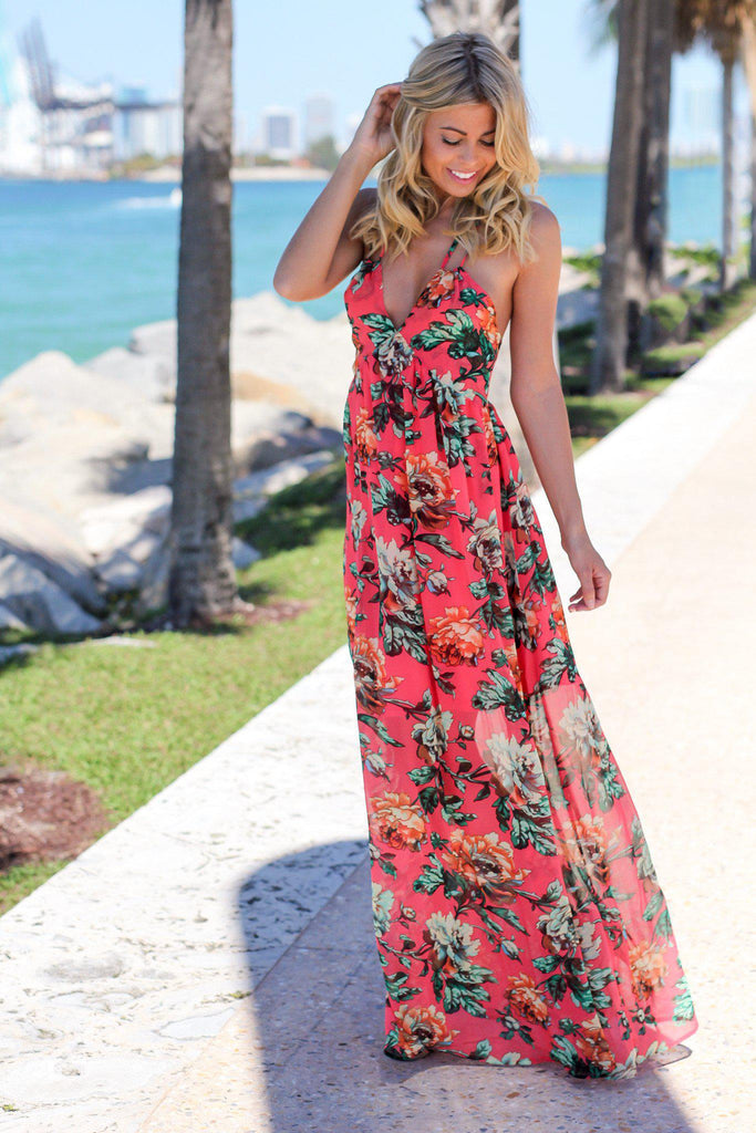 Coral and Green Floral Maxi Dress with Tie Back | Maxi Dresses â Saved by the Dress