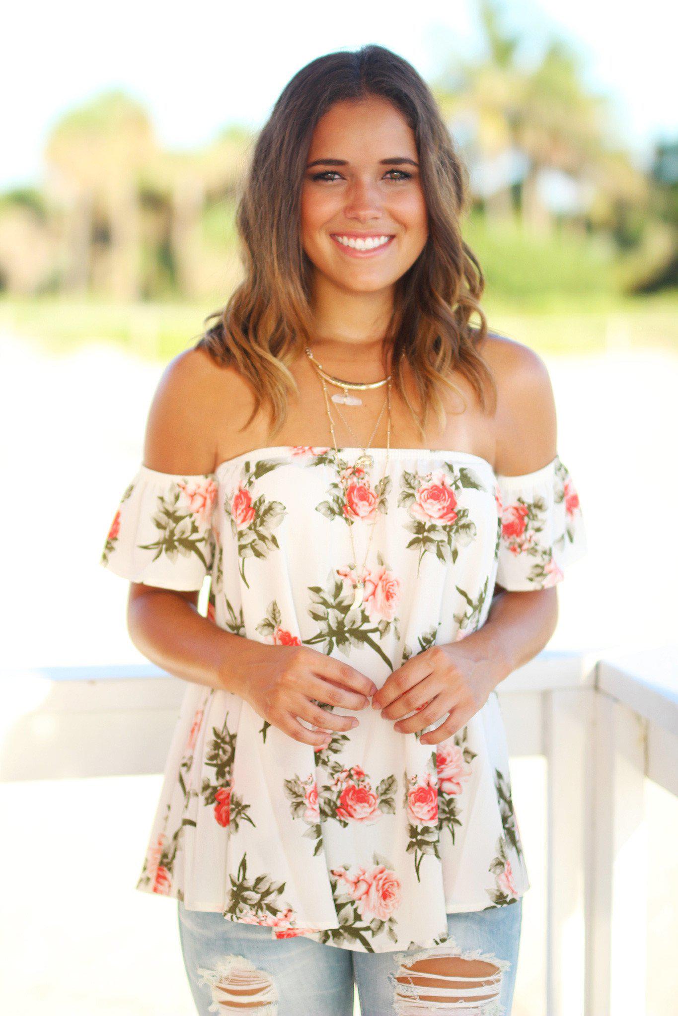 Ivory Floral Off Shoulder Top | Ivory Floral Top | Floral Ivory Top ...