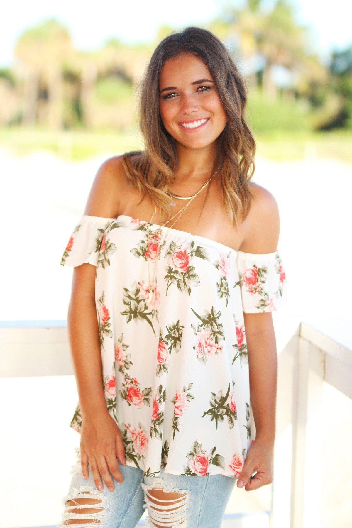 Ivory Floral Off Shoulder Top | Ivory Floral Top | Floral Ivory Top ...