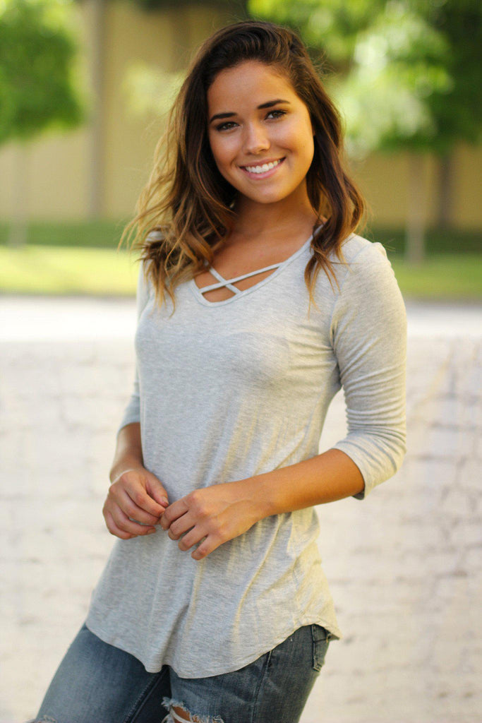 Heather Gray Criss Cross Top with 3/4 Sleeves | Gray Top | Cute Top ...