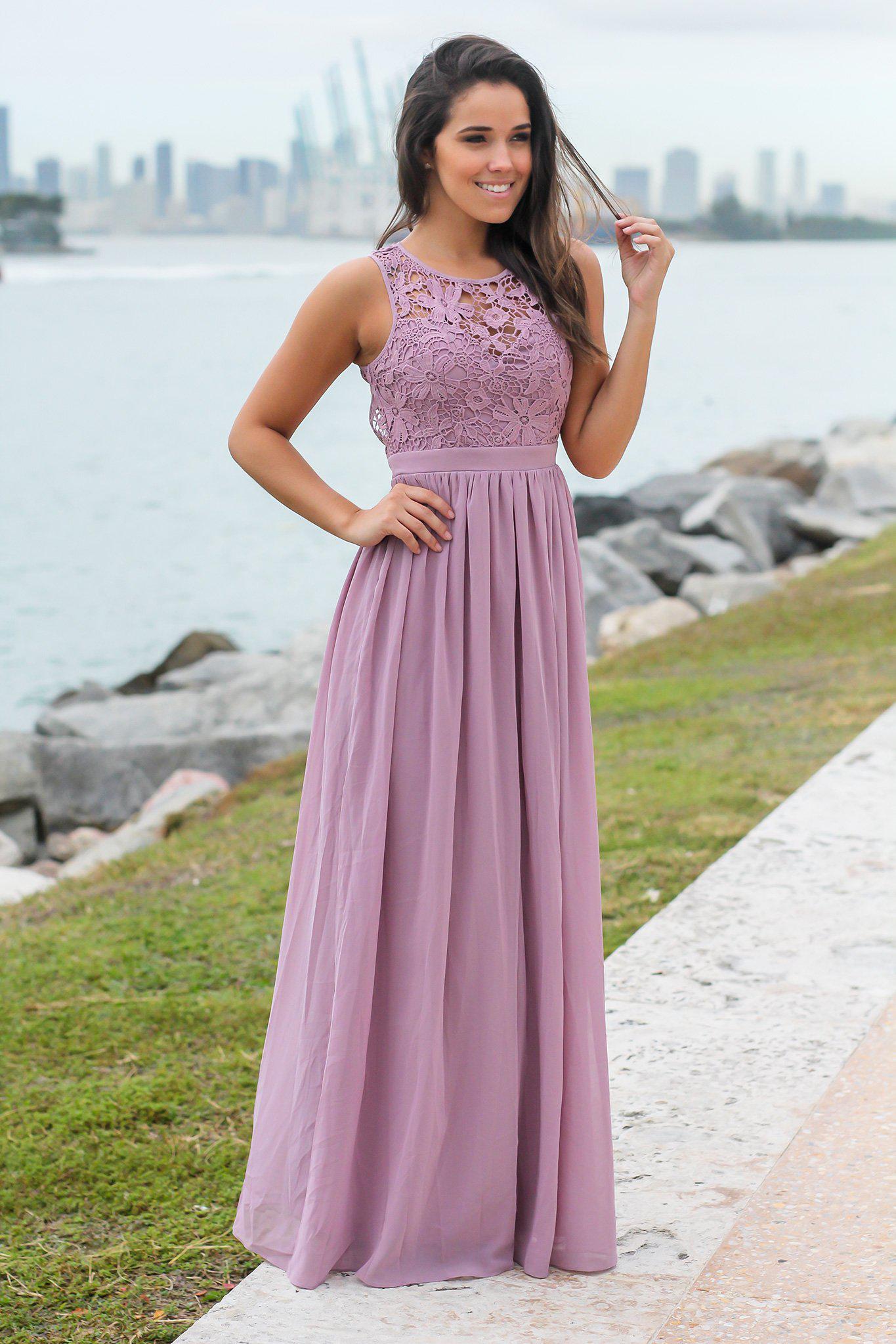 Mauve Crochet Maxi Dress with Open Back | Bridesmaid Dresses – Saved by ...
