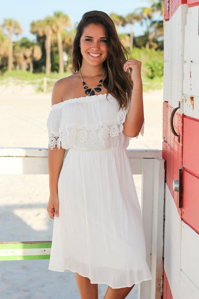 White Off Shoulder Short Dress with Lace | Cute Dresses – Saved by the ...