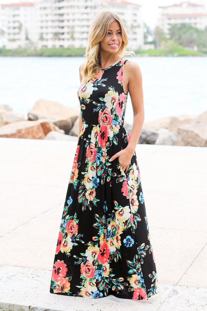 Black Floral Sleeveless Maxi Dress | Cute Dresses – Saved by the Dress