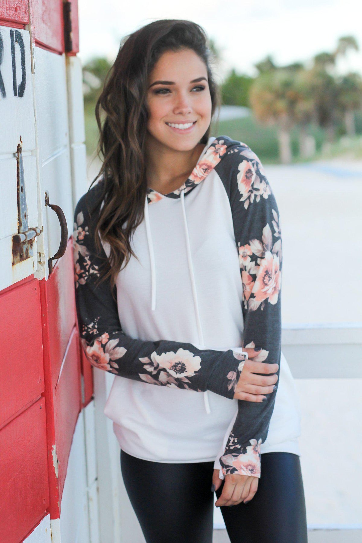 Ivory Hoodie with Floral Sleeves with Pocket | Hoodies – Saved by the Dress